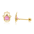 14 Karat Yellow Gold Hamsa Heart Pink CZ Screw Back Stud Earrings - 14E00313PNK