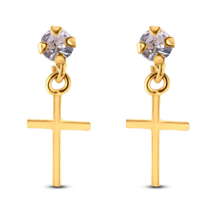 14 Karat Yellow Dangling Cross Clear CZ Screw Back Earrings - 14E00350