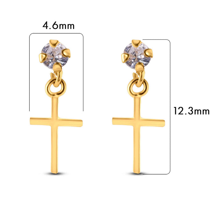 14 Karat Yellow Dangling Cross Clear CZ Screw Back Earrings - 14E00350