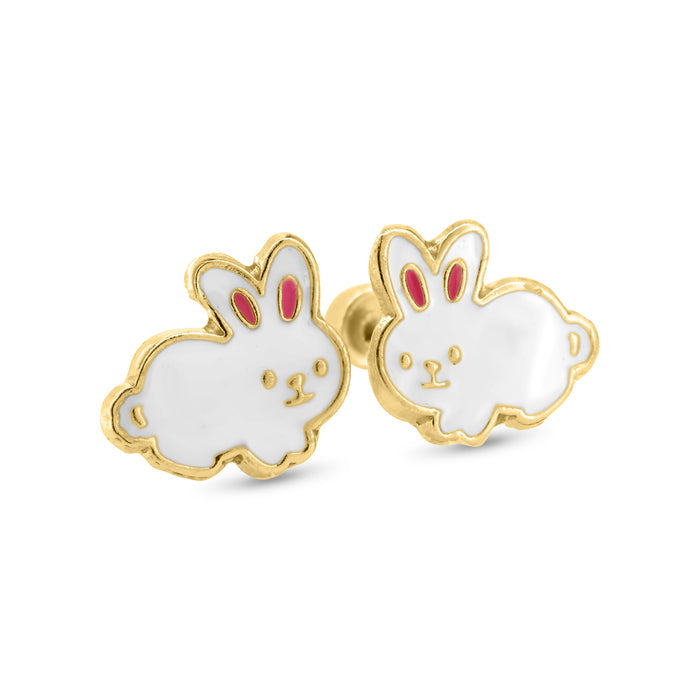 14 Karat Yellow Gold White Rabbit Screw Back Earrings - 14E00391