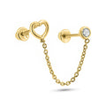 14 Karat Yellow Gold Double Piercing Heart Outline and Round Clear CZ Screw Back Earrings - 14E00402