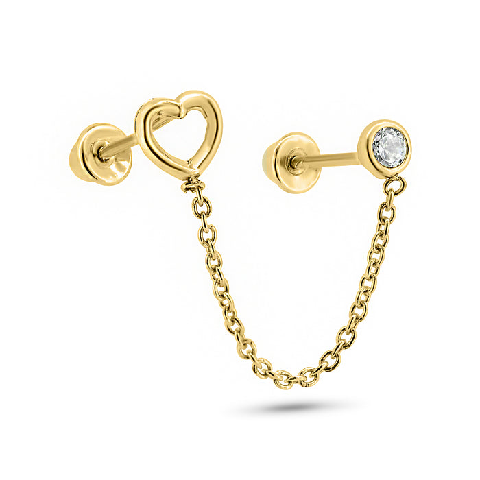14 Karat Yellow Gold Double Piercing Heart Outline and Round Clear CZ Screw Back Earrings - 14E00402