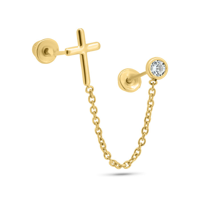 14 Karat Yellow Gold Double Piercing Cross and Round Clear CZ Screw Back Earrings - 14E00403