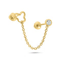 14 Karat Yellow Gold Double Piercing Butterfly Outline and Round Clear CZ Screw Back Earrings - 14E00404