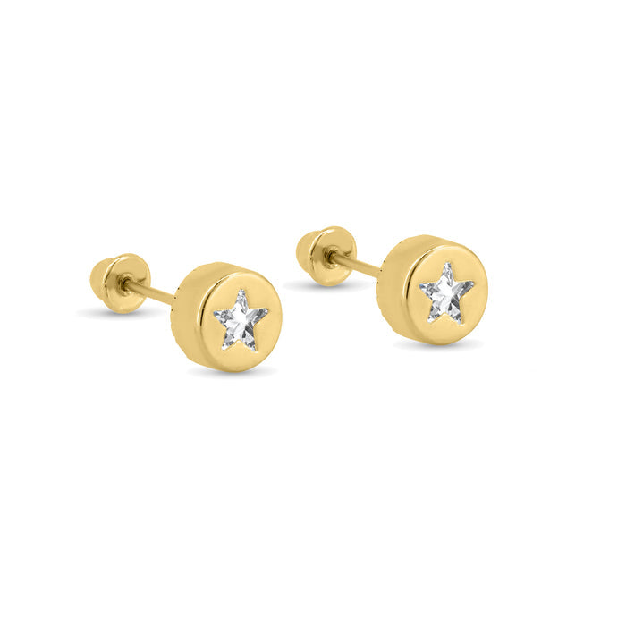 14 Karat Yellow Gold Round Star Clear Black Red or Pink CZ Screw Back Earrings - 14E00405