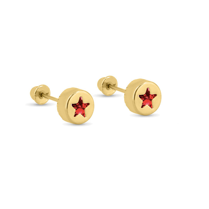 14 Karat Yellow Gold Round Star Clear Black Red or Pink CZ Screw Back Earrings - 14E00405
