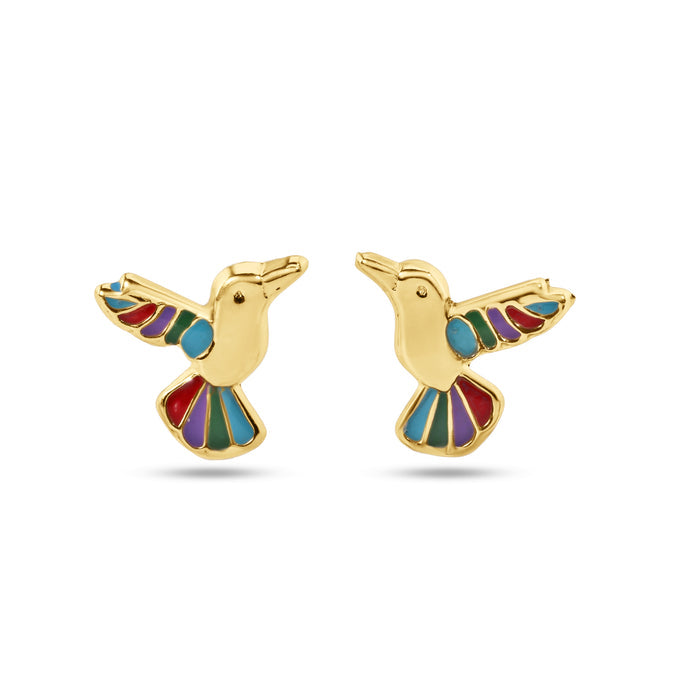 14 Karat Yellow Gold Hummingbird Multi Color Screw Back Earrings - 14E00412