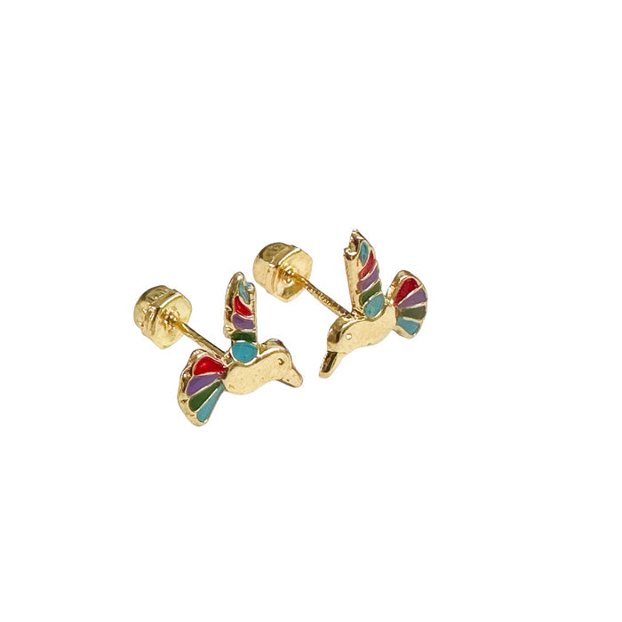 14 Karat Yellow Gold Hummingbird Multi Color Screw Back Earrings - 14E00412