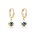 14 Karat Yellow Gold Dangling Evil Eye Clear CZ 11.5mm Hoop Earrings - 14E00418