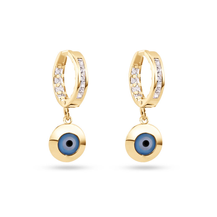 14 Karat Yellow Gold Dangling Evil Eye Clear CZ 11.5mm Hoop Earrings - 14E00418
