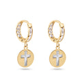 14 Karat Yellow Gold Dangling Cross Clear CZ 12mm Hoop Earrings - 14E00419