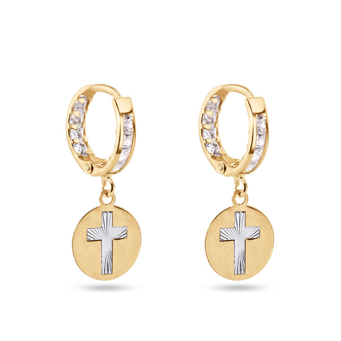 14 Karat Yellow Gold Dangling Cross Clear CZ 12mm Hoop Earrings - 14E00419
