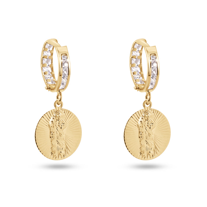 14 Karat Yellow Gold Diamond Cut Dangling Saint Jude Clear CZ 12mm Hoop Earrings - 14E00420