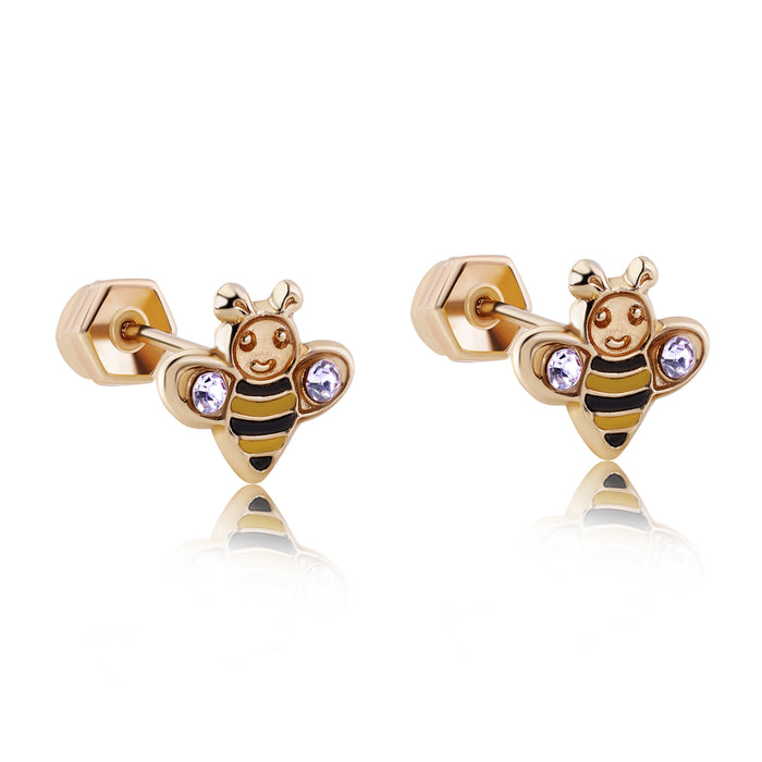 14 Karat Yellow Bee Black and Yellow Enamel Clear CZ Screw Back Earrings - 14E00432