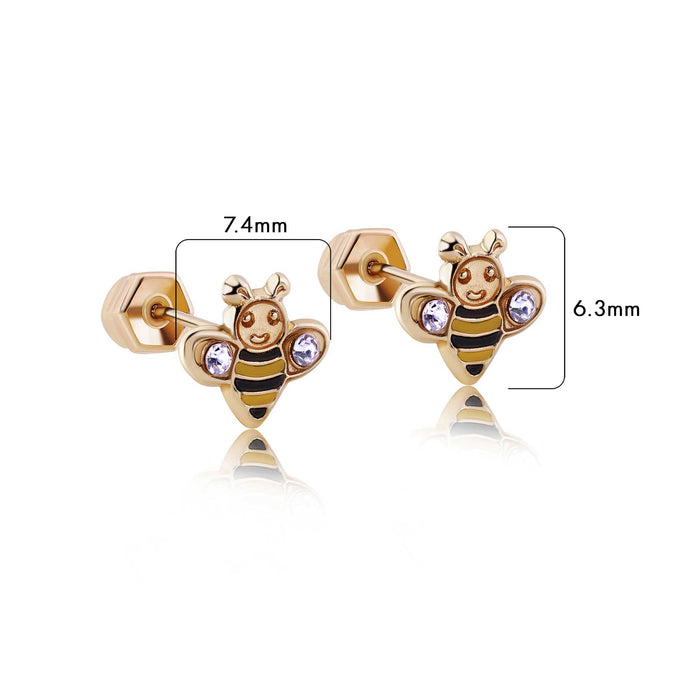 14 Karat Yellow Bee Black and Yellow Enamel Clear CZ Screw Back Earrings - 14E00432