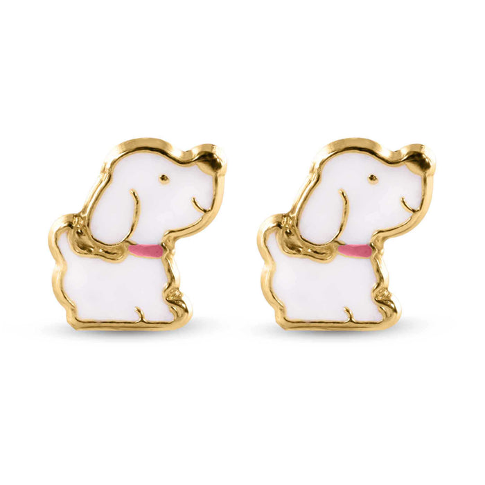 14 Karat Dog White Enamel Pink Leash Screw Back Earrings - 14E00433