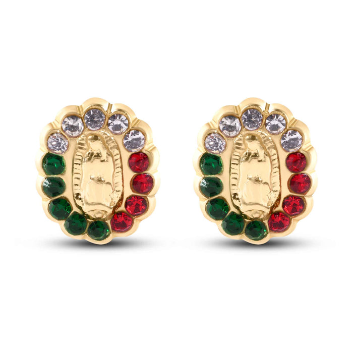 14 Karat Yellow Gold Guadalupe Red Green and Clear Screw Back Earrings - 14E00436