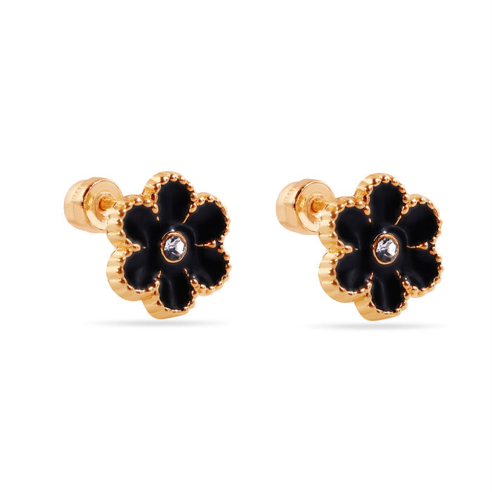 14 Karat Black Flower Enamel 8.5mm Clear CZ Screw Back Earrings - 14E00447-BLACK