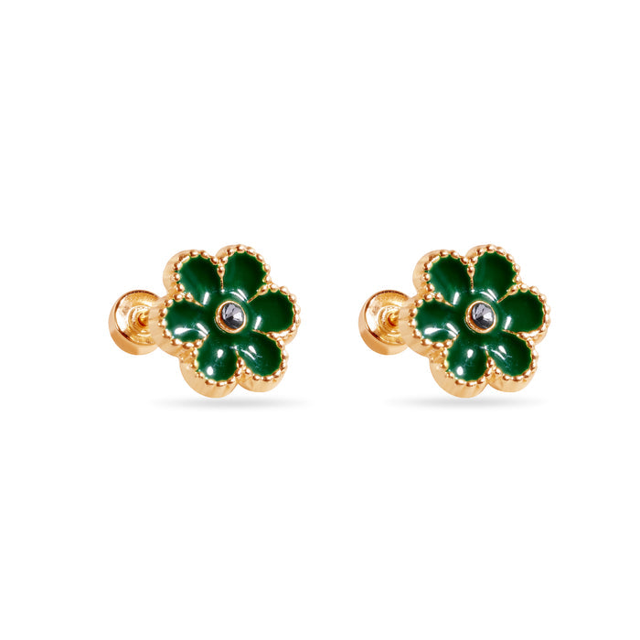 14 Karat Green Flower Enamel 8.5mm Clear CZ Screw Back Earrings - 14E00447-GREEN