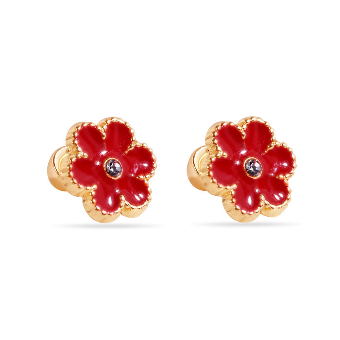 14 Karat Red Flower Enamel 8.5mm Clear CZ Screw Back Earrings - 14E00447-RED