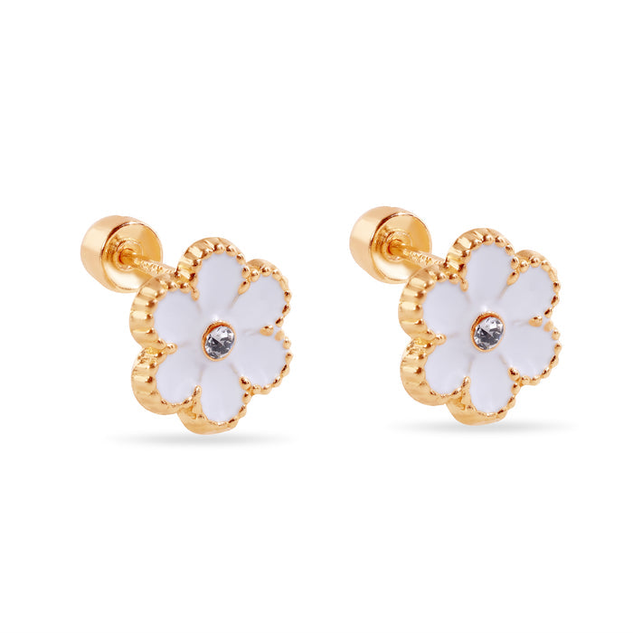 14 Karat White Flower Enamel 8.5mm Clear CZ Screw Back Earrings - 14E00447-WHITE