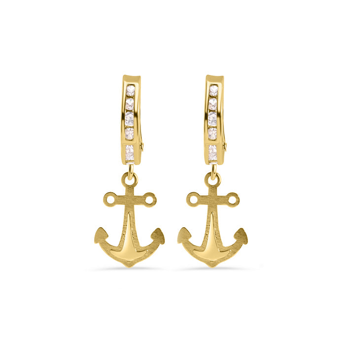 14 Karat Yellow Gold 12.2mm Hoop Half Studded Clear CZ Anchor Latch Box Earrings - 14E00451
