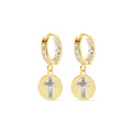 14 Karat Yellow Gold 11.5mm Hoop Studded Clear CZ Diamond Cut Cross Latch Box Earrings - 14E00454