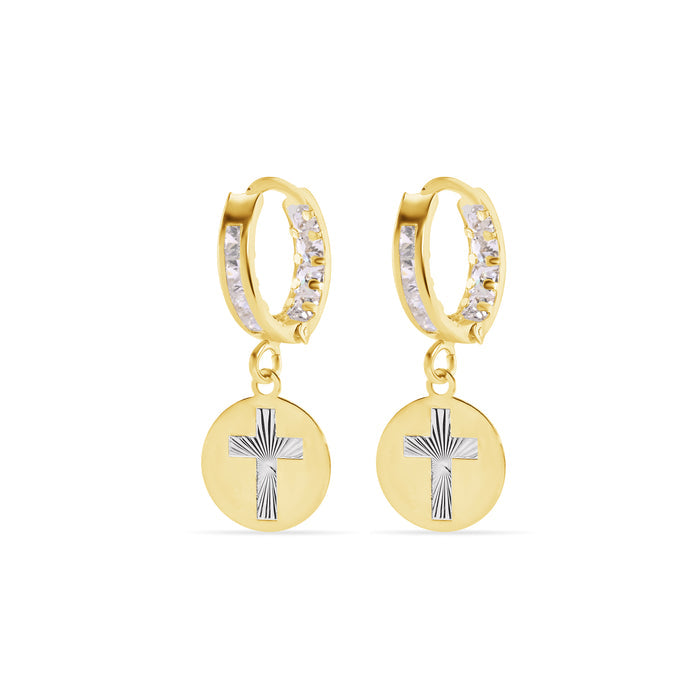 14 Karat Yellow Gold 11.5mm Hoop Studded Clear CZ Diamond Cut Cross Latch Box Earrings - 14E00454