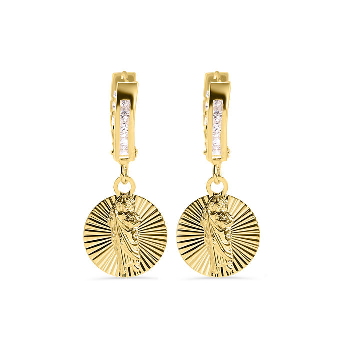 14 Karat Yellow Gold 12mm Hoop Studded Clear CZ Diamond Cut Saint Jude Latch Box Earrings - 14E00455
