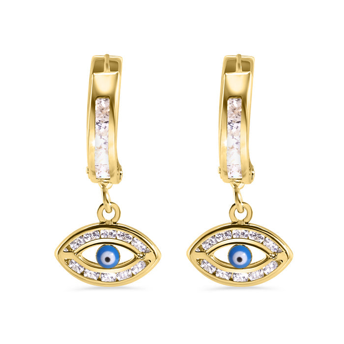 14 Karat Yellow Gold 11.7mm Hoop Studded Clear CZ Evil Eye Latch Box Earrings - 14E00457