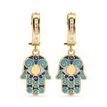 14 Karat Yellow Gold 11.7mm Hoop Studded Clear CZ Enamel Hamsa Latch Box Earrings - 14E00459