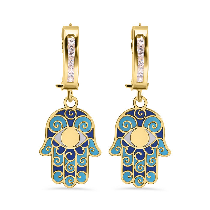 14 Karat Yellow Gold 11.7mm Hoop Studded Clear CZ Enamel Hamsa Latch Box Earrings - 14E00459