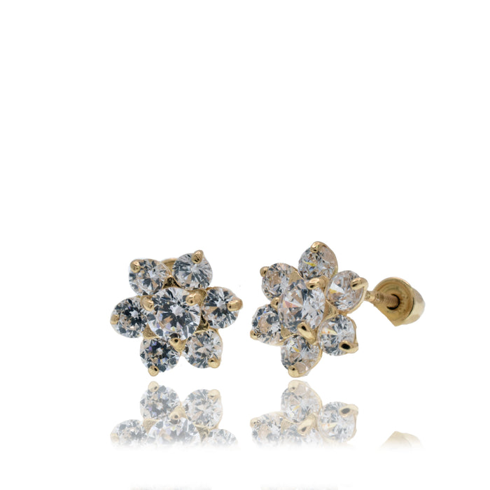 14 Karat Yellow Gold Flower Clear CZ 7.6mm Screw Back Earring - 14E00467-CLR