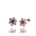 14 Karat Yellow Gold Flower Red and Clear CZ 7.6mm Screw Back Earring - 14E00467-RED