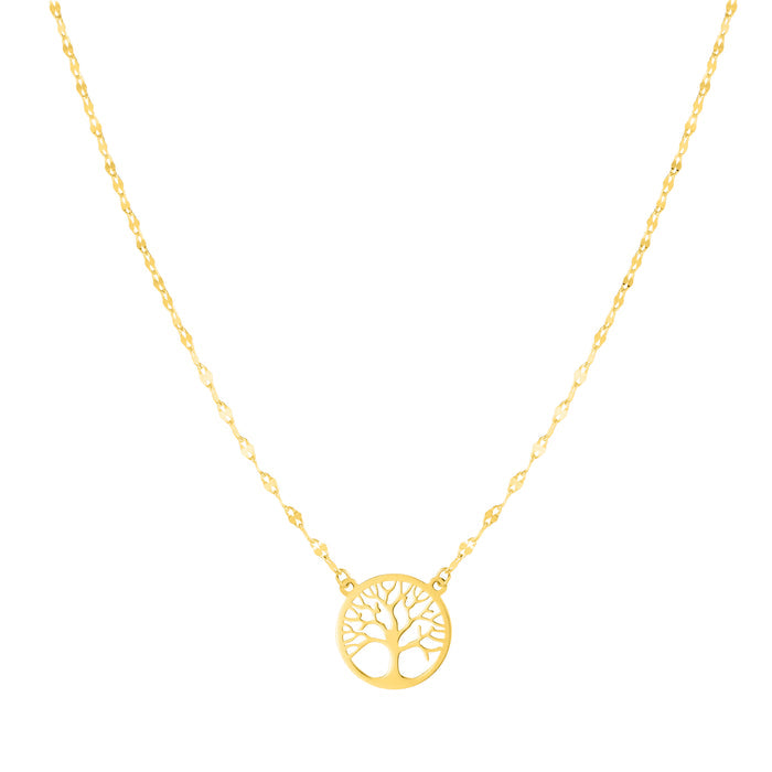 14K Gold Tree of Life on Mirror Chain Necklace