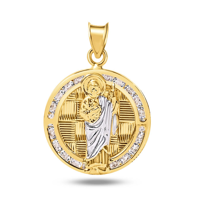14 Karat Yellow Gold St Jude Clear CZ Diamond Cut Round Pendant - 14P00050