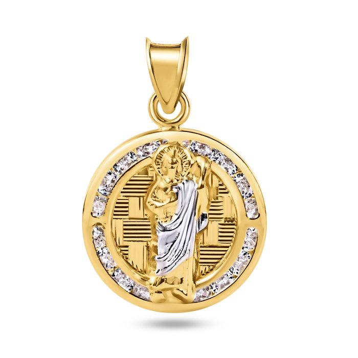 14 Karat Yellow Gold St Jude Clear CZ Diamond Cut Round Pendant - 14P00051