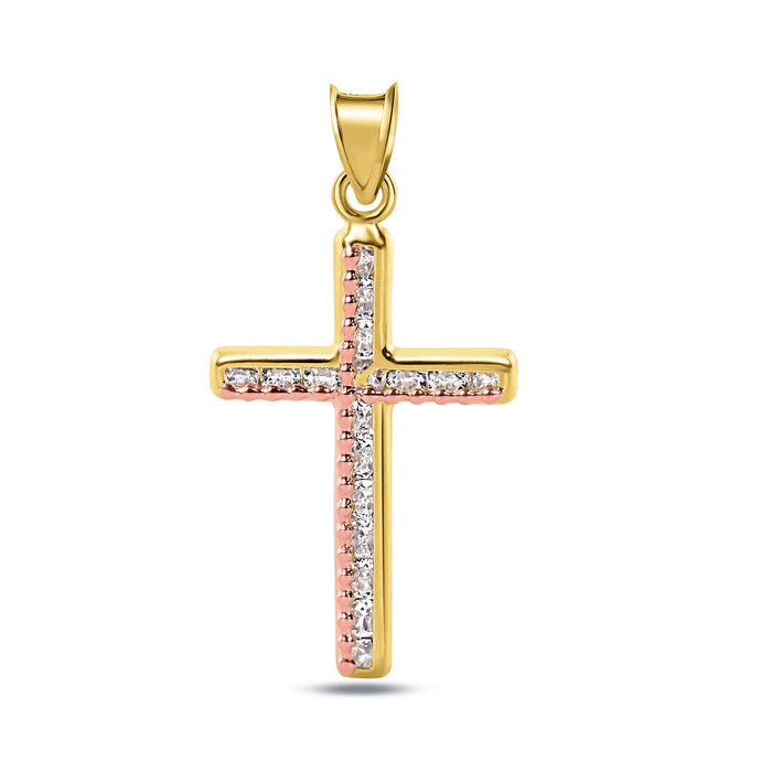 14 Karat Yellow Gold Beaded Cross Clear CZ Pendant - 14P00052