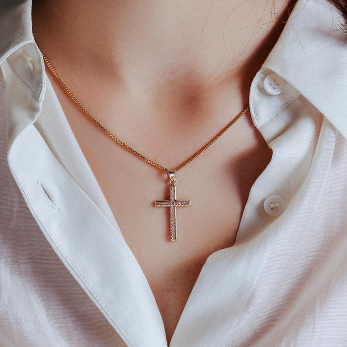 14 Karat Yellow Gold Beaded Cross Clear CZ Pendant - 14P00052