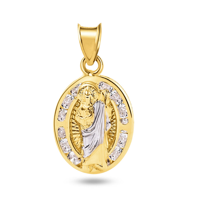 14 Karat Yellow Gold St Jude Two Tone Clear CZ Pendant - 14P00059