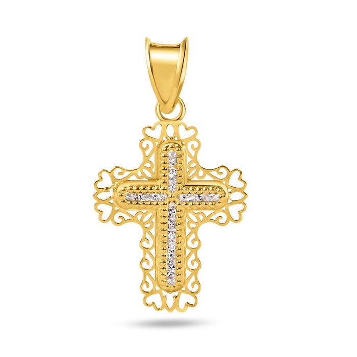 14 Karat Yellow Gold Beaded Cross Heart Cutout Clear CZ Pendant - 14P00064