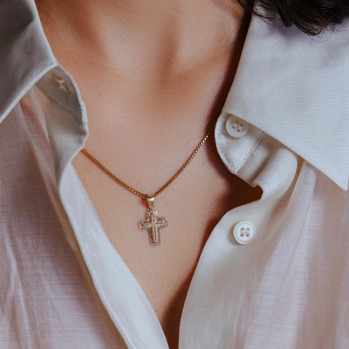 14 Karat Yellow Gold Beaded Cross Heart Cutout Clear CZ Pendant - 14P00064