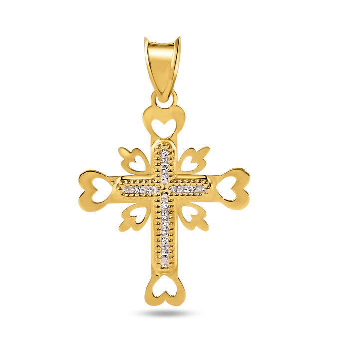 14 Karat Yellow Gold Beaded Cross Heart Cutout Clear CZ Pendant - 14P00065