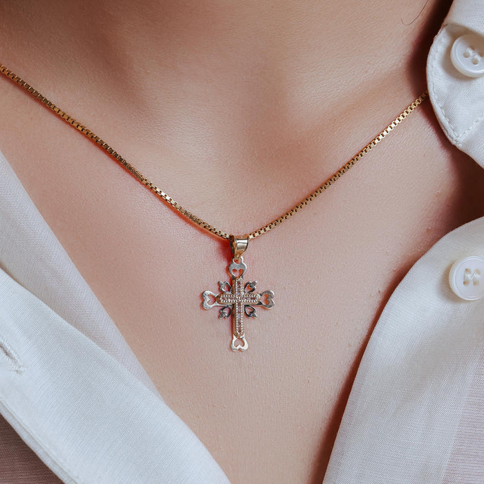 14 Karat Yellow Gold Beaded Cross Heart Cutout Clear CZ Pendant - 14P00065