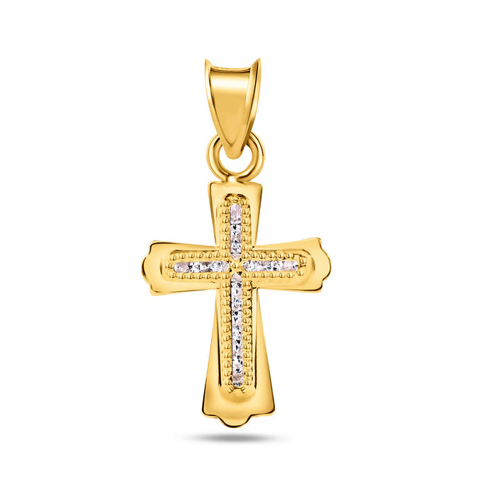 14 Karat Yellow Gold Beaded Bordered Cross Clear CZ Pendant - 14P00066