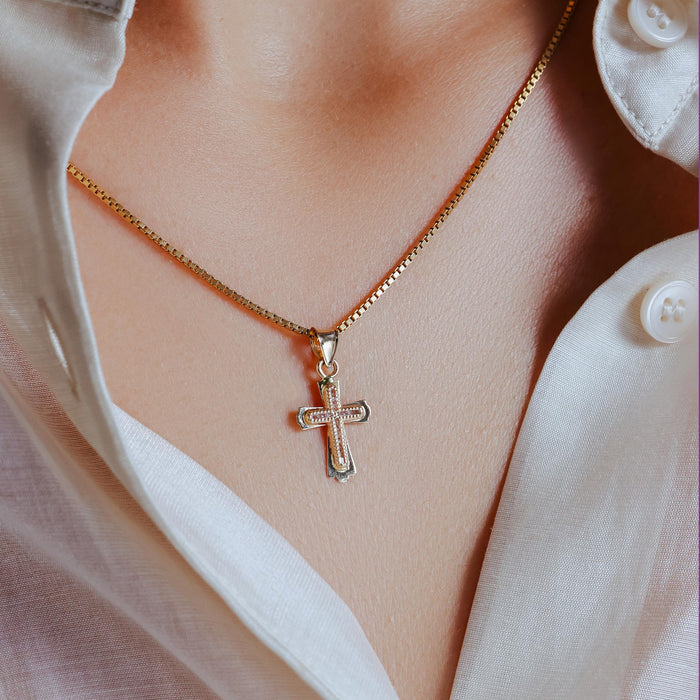 14 Karat Yellow Gold Beaded Bordered Cross Clear CZ Pendant - 14P00066