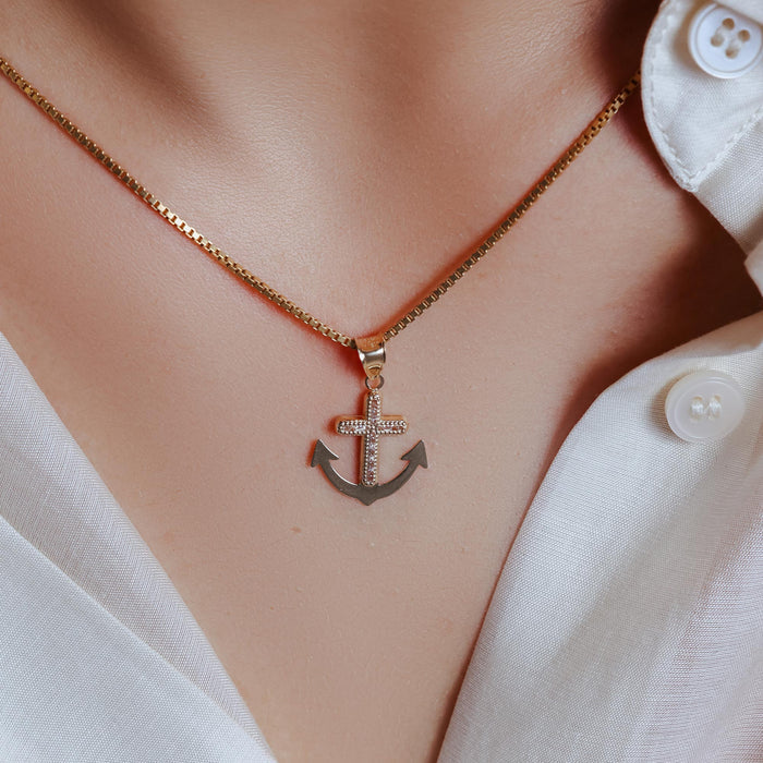 14 Karat Yellow Gold Anchor Beaded Cross Clear CZ Pendant - 14P00067