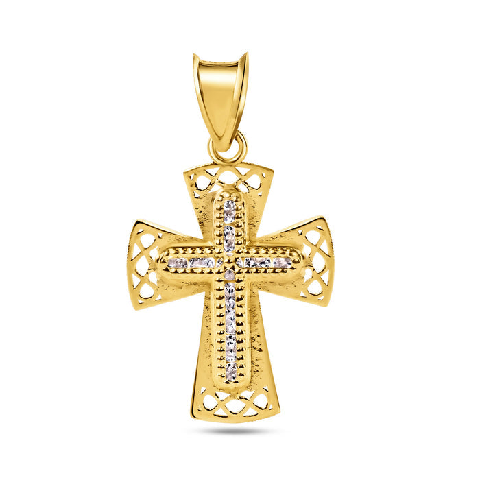 14 Karat Yellow Gold Beaded Cross Clear CZ Pendant - 14P00068