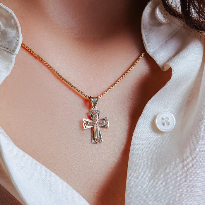 14 Karat Yellow Gold Beaded Cross Clear CZ Pendant - 14P00068