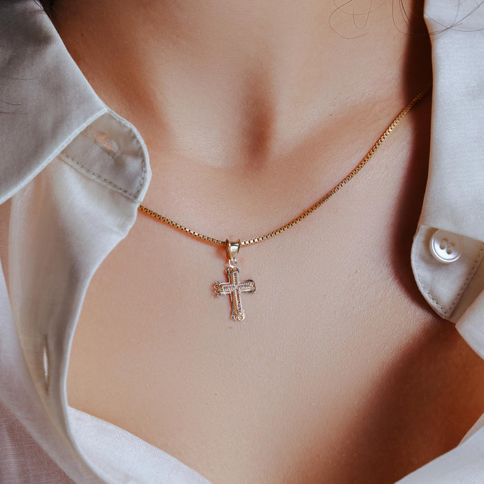 14 Karat Yellow Gold Cross Bordered Cross Clear CZ Pendant - 14P00070